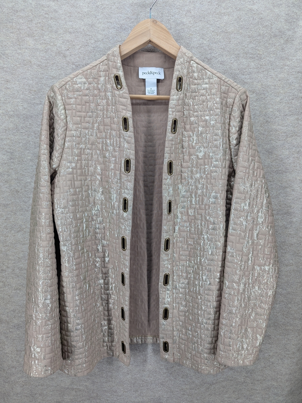 Peck & Peck Metallic Quilted Open Front Jacket Champagne Gold Grommet Blazer M